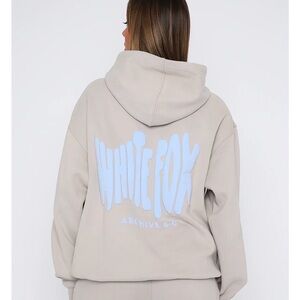 White Fox Boutique Beige Hoodie with Light Blue Logo